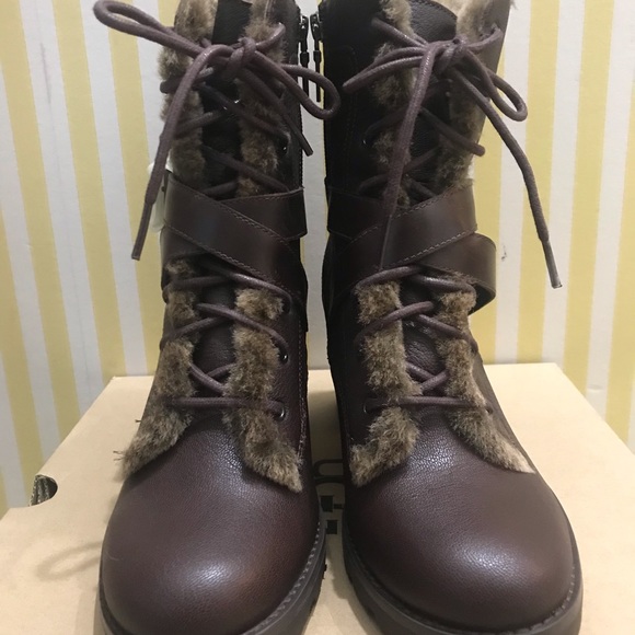 UGG Women’s Brown Leather Ingrid Boot with Fur Lining - Picture 3 of 6